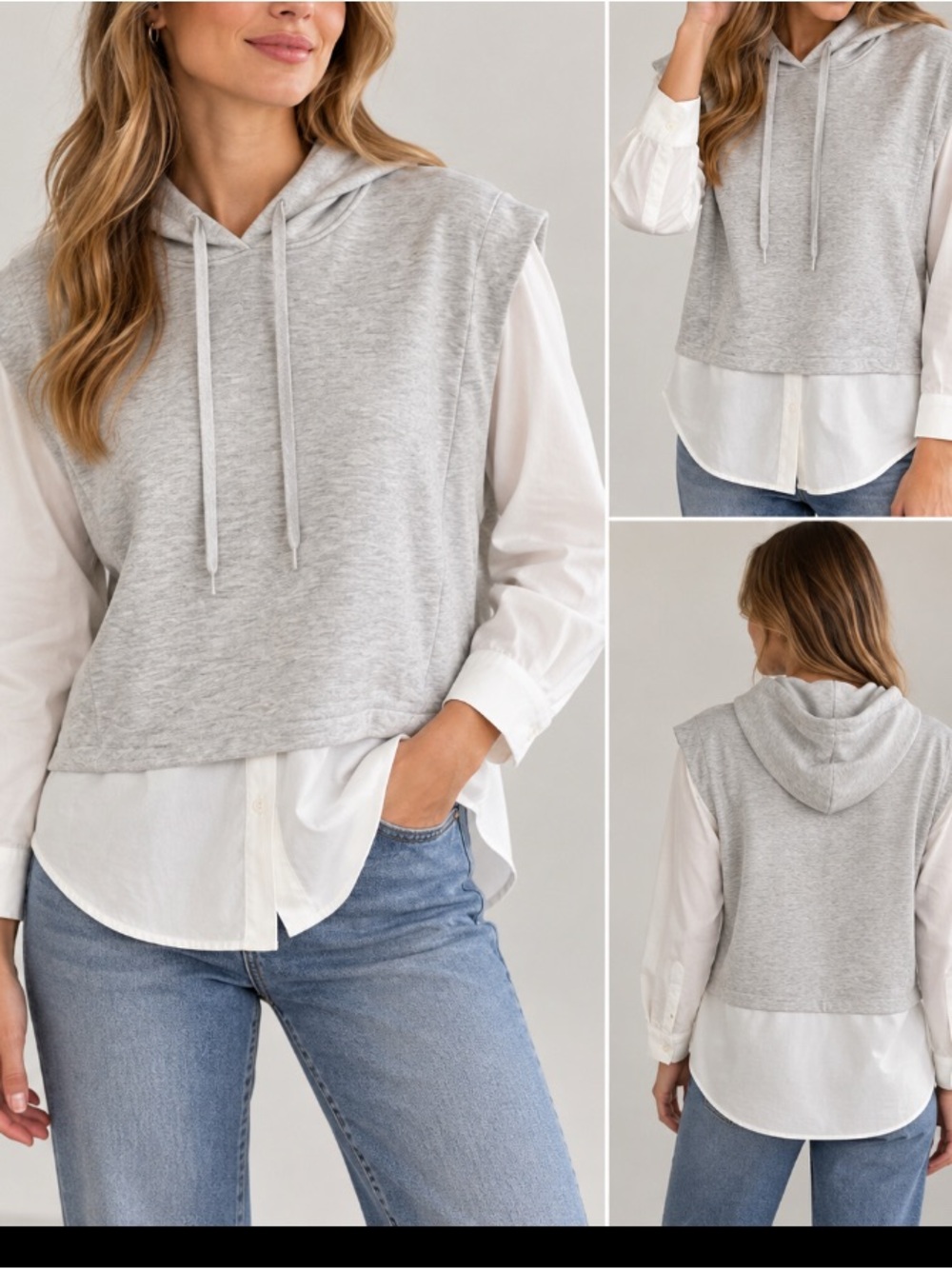 NWT Zara Layered Hoodie Shirt Top Gray & White Size M